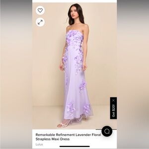 Lulus remarkable refinement lavender floral strapless maxi dress